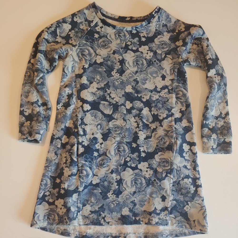 H & M |  Blue Floral French Terry Sweatshirt Dress | 4-6yr. | Pockets Casual